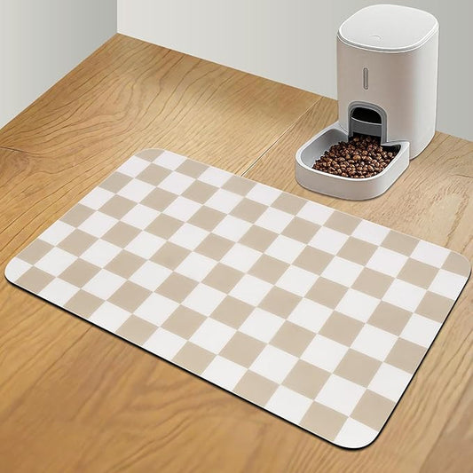 CooRug Checkered Dog Food Mat, Absorbent Leak-Proof Pet Feeding Mat, Quick Dry Cat Food Mat for Messy Drinkers 16" x 24" Khaki