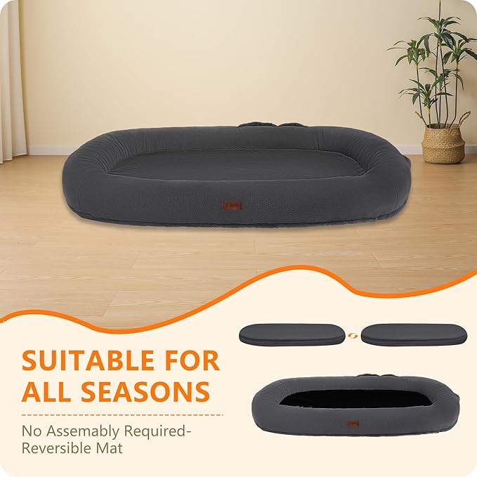 Human Dog Bed with Blanket, 71"x47.2"x9" Extra Large Fits Adult & Pets, Reversible Orthopedic Gel Memory Foam Cushion, Washable Faux Rabbit Fur, Plump Edge, Storage Pocket, Black Grey