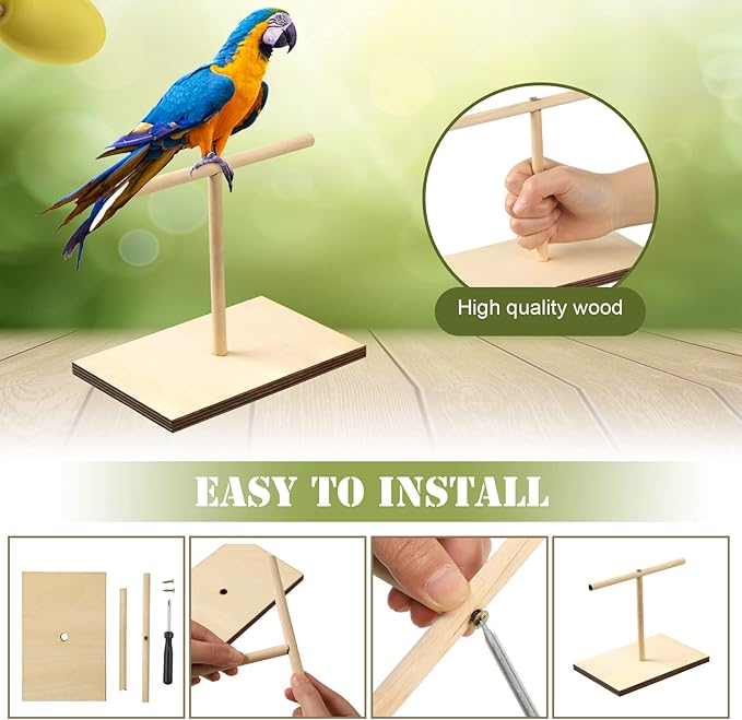 3 Pcs Bird Training Stand Kit, Parrot Training Clicker Portable Tabletop Bird Perch and Target Stick, Wooden Spin Perch Clickers with Wrist Strap for Parakeet Conure Lovebird Cockatiel