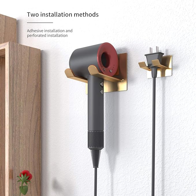 XIGOO Adhesive Hair Dryer Holder - Stick on Wall or Wall Mount Bathroom Hair Blow Dryer Rack Organizer Compatible with Supersonic Hair Dryers (Gold)