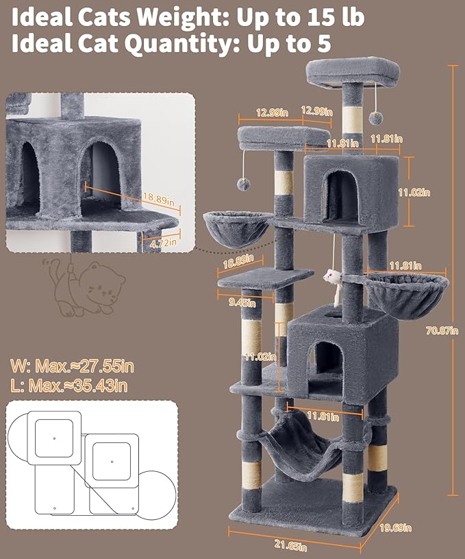 AMHANCIBLE 70 Inch Cat Tree for Large Cats, Multi-Level Cat Tower Condo with 2 Houses & Hammock for Indoor Cats, Tall Heavy Duty Kitty Playhouse, Grey, PT18GY