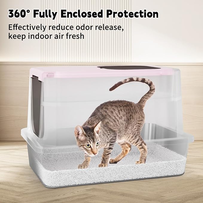 RIZZARI Extra Large Enclosed Cat Litter Box – Pink Stainless Steel Top Entry Litter Pan with Anti-Leak Design, Non-Stick Easy-Clean Surface & Odor Control for Indoor Spaces