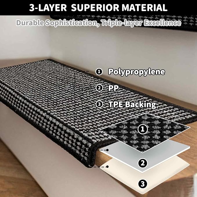 Brakki Bullnose Carpet Stair Treads, Non Slip Stair Treads for Wooden Steps Indoor, Stair Runner, Soft Stair Rugs for Pets, Edging Stair Protectors, Washable, 29.5"x9.5"x1.5" 2pcs, Black Grey