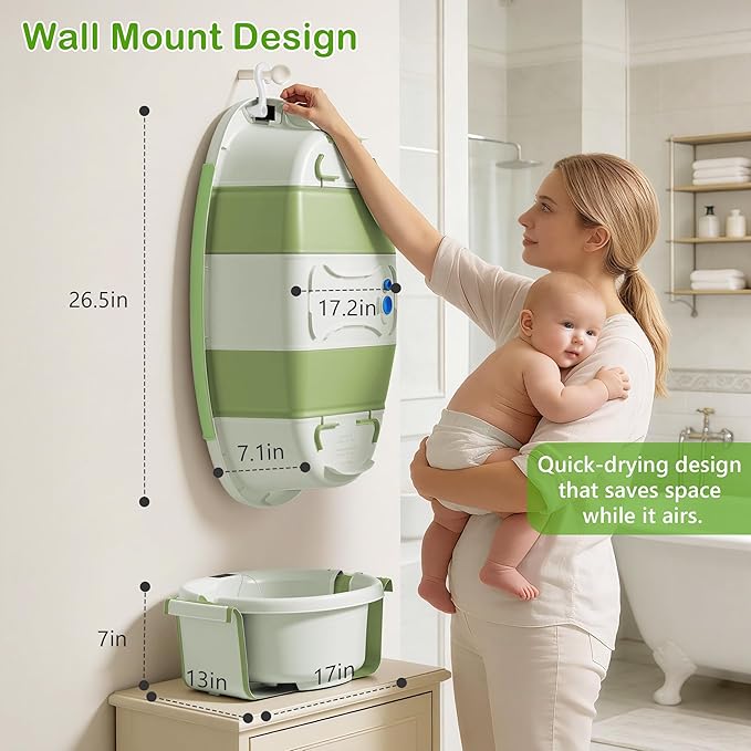 Collapsible Baby Bathtub - Large Baby Bath Tub with Thermometer | Bath Essential Bañera para Bebe Easy Fold Baby Tub | Travel Infant Newborn Toddler Bathtub for Baby Girl Boy 0 to 36 Months(Green)