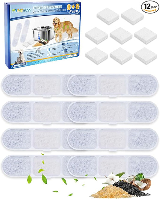 8+8 Pack Dog Water Fountain Replacement Filters Compatible with MAILOFY Dogs Water Bowl Dispenser WF530 9L/2.4GaL, Large Dog Fountain Bowl Filter for Automatic Stainless Steel Pet Fountains