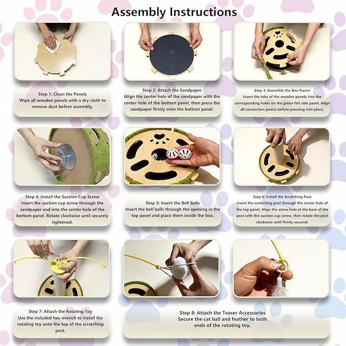 Cat Nail File Scratcher, Cat Claw Saver Box with Scratching Post, Interactive Cat Scratch Puzzle Box with Rotating Teaser & Replace Sandpaper for Indoor Cats (3 Bell Ball)