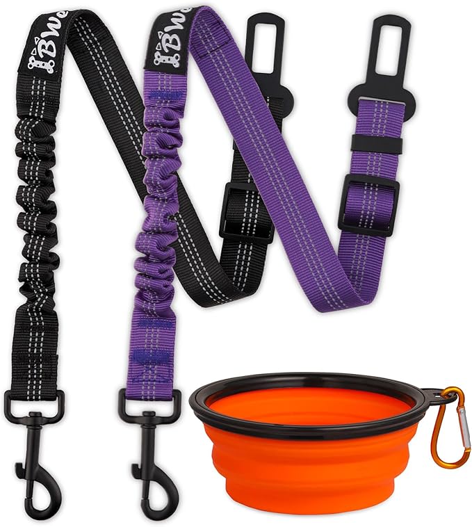 IBWell Dog Seat Belt,3 Piece Set Retractable Dog Car Harness Adjustable Dog Seat Belt for Vehicle Nylon Pet Safety Seat Belts Heavy Duty & Elastic (Black & Purple)