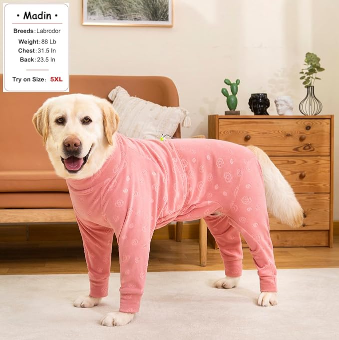Dog Coats Autumn Winter Jumpsuit for Large Medium Dogs, Warmer Recovery Suit Polar Fleece Dog Bodysuit Lightweight Pajamas Pullover Stretchy Onesie Four-Legged Cold Weather Clothes(3XL, Pink)