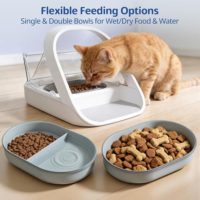 2-Pack Plastic Cat Bowls + 1 Feeding Mat, Specially Designed for Automatic Microchip cat feeders Upgraded Rubber Sealing Ring Design, Durable, Safe for Hands and Pets During Cleaning