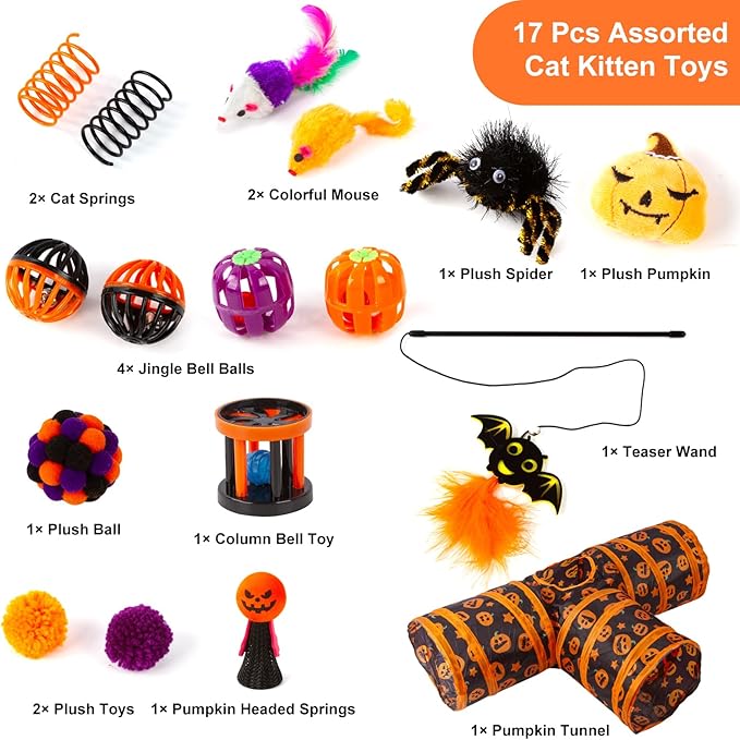 17 Pcs Halloween Cat Toys for Indoor Cats Collapsible 3 Way Cat Tunnel Interactive Feather Teaser Wand Ball Toy for Kitten Cats (17pcs-3 Way)