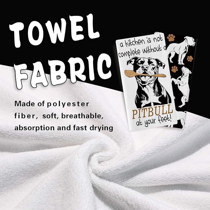 Funny Pitbull Dog Kitchen Dish Towels Set of 2, Cute Paw Prints Drying Hand Towel Baking Cooking Cloth, Home Decoration Gifts for Pet Dog Owner Lover 18'' x 26''
