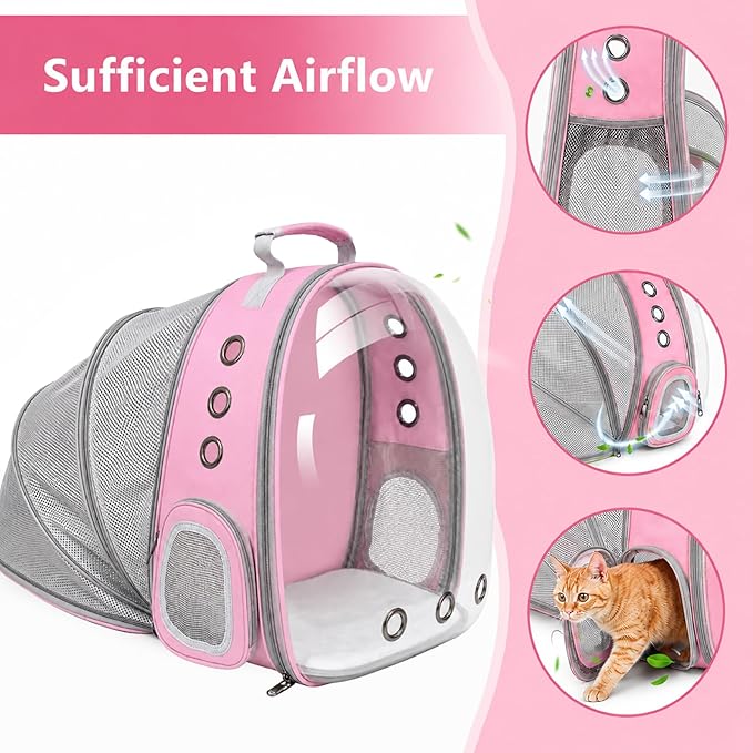 Expandable Cat Carrier Backpack for Cats & Dogs, Bubble Window Pet Travel Backpack with Breathable Mesh, Anti-Collapse Structure, Side Door, Safety Leash, for Vet Visits, Hiking, Outdoor, Pink