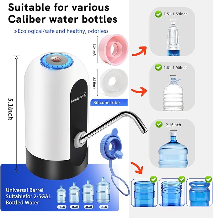 Water Dispenser for 5 Gallon Bottle, USB-C Charging Portable Electric Water Pump with 3 Adapters for 5 Gallon Jugs and Bottles, Automatic Drinking Water Dispenser for Camping, Travel, White