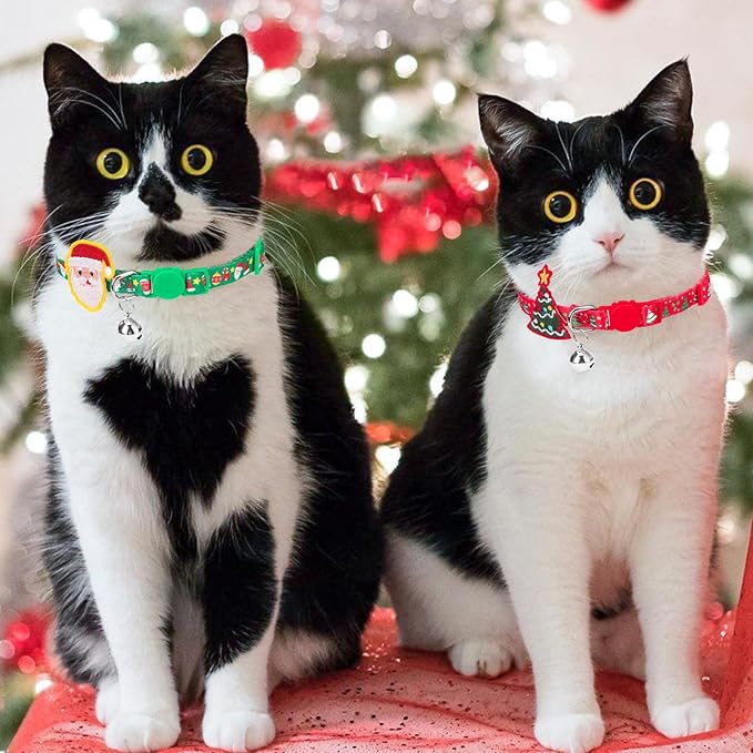 PUPTECK Cat Collar Breakaway with Bells, Kitten Collar Outfit Adjustable for Girl Boy Small Pet Puppy Bunny, Cute Costume Accessory with Safety Release Buckle (Sticker-Christmas)