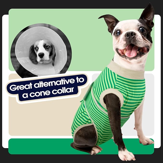 FUAMEY Dog Recovery Suit Male,Dogs Surgery Neuter Suits Puppy Spay Shirts for Female Protect Dog's Skin Anti Licking Abdominal Wounds Doggie Onesie Pet Bodysuit Alternative to Cone Green Stripes S