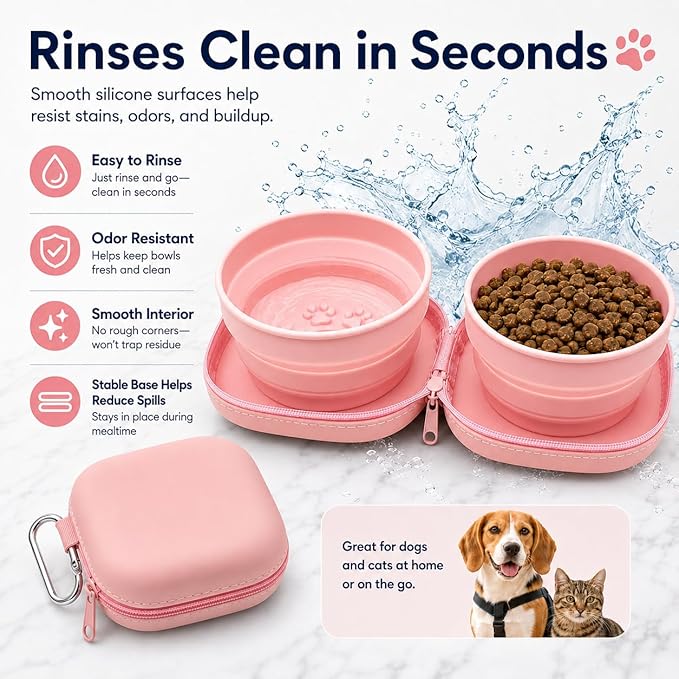 Portable Dog Bowl, Collapsible 2-in-1 Travel Dog Bowls with Carabiner Clip, Silicone Double Pet Food and Water Dish for Outdoor Camping and Hiking (Pink)