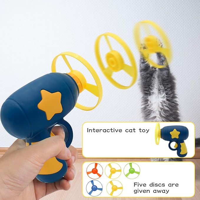 Andiker Cat Fetch Toy, Interactive Kitten Flying Disc Launcher Toy with 5 Colorful Flying Propellers for Cat Enrichment, Flying Saucer Toy for Cats for Training and Chasing (Navy Blue)