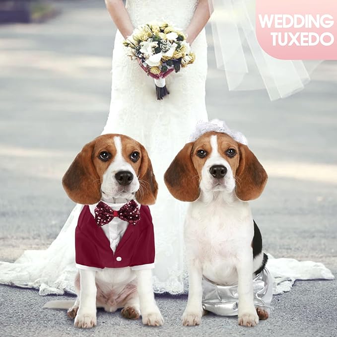 Kuoser Dog Tuxedo, Formal Dog Costume with Bow Tie Pet Wedding Suit Party Birthday Outfit, Dogs Tux Soft Shirt for Valentines Christmas Halloween Graduation Cosplay, Burgundy XL
