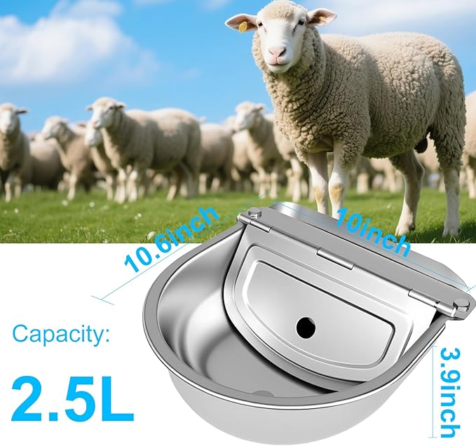 Automatic Pet Water Bowl with Float Valve, 304 Stainless Steel, Includes Bowl, Valve, 40" Hose, Adapters, Bolts, Wrench, Fits 1/2" & 3/4" Faucets, for Dogs/Livestock, Drain Hole