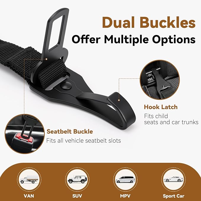 Dog Seat Belt for Car, Universal Dog Car Seatbelt with Buckle and Hook Latch, 360° Rotatable Lockable Clasp, Reflective Safety Pet Harness for Vehicle, Pet Safety Restraint, Black