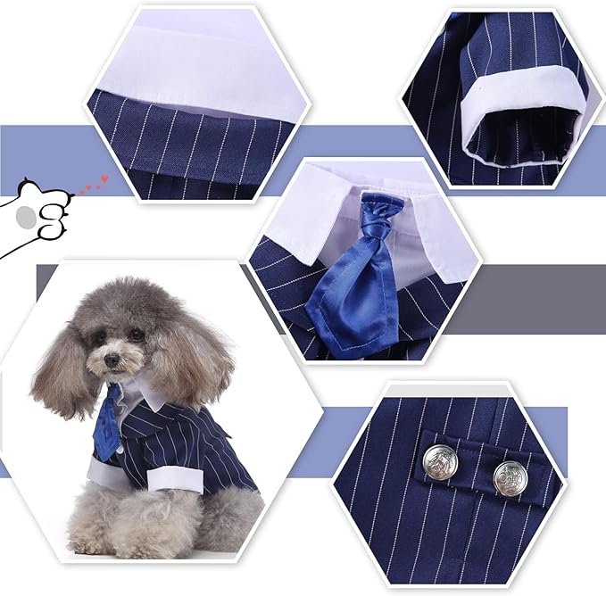QBLEEV Dog Tuxedo Suit with Bow Tie, Formal Black & White Striped Dog Costume Outfit, Doggy Tux Prince Dress for Wedding Party Birthday Holiday, Elegant Dogs Attire for Golden Retriever Husky Border