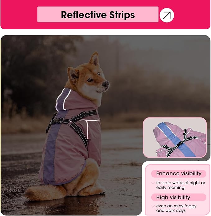Lelepet Raincoat for Dogs, Rain Jacket Dog with Harness, Waterproof Reflective Coat with Adjustable Detachable Hood, Elastic Waist Zipper Hook and Loop Pet Raincoats, Pink, M