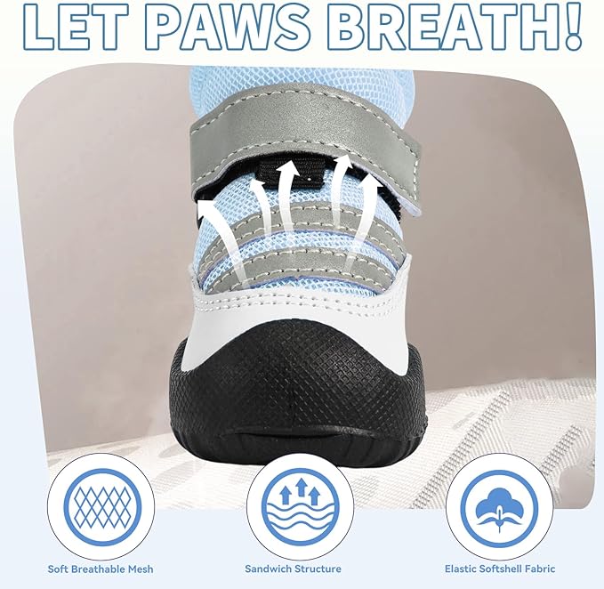 Dog Boots, Waterproof Dog Shoes with Reflective Straps, Rugged Anti-Slip Sole Paw Protectors for Medium Large Dogs, Breathable Pet Booties for Hot Pavement, Snow, Hiking, 4Pcs