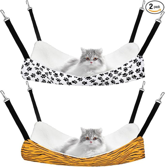2 Pack Cat Hammock for Cage, Catio Accessories Reversible Soft Cats Bed with Adjustable Straps and Hooks Double-sided Linen and Fleece Hanging Hammock for Cats, Kitten(Zebra and Cat Paw Print,M)