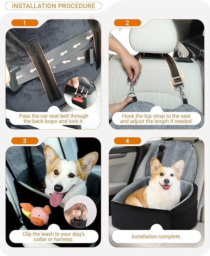 NUPIDA Dog Car Seat for Small Dogs, Dog Booster Seat with Extendable Backrest, Pet Car Seats up to 30 lbs, Washable Removable Cover Travel Bed with Storage Pockets and 2 Safety Leashes, Black&Grey