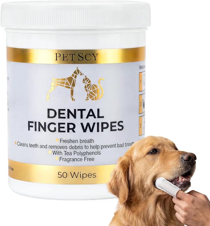 Petscy Dental Finger Wipes for Dogs and Cats – No Brush Teeth Cleaning Wipes for Fresh Breath & Oral Care – Green Tea & Tea Polyphenols – Fragrance-Free Pet Oral Cleansing - 50 Wipes