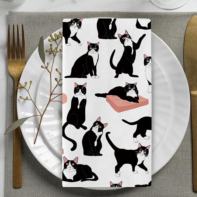 Funny Tuxedo Cat Kitchen Dish Towels Set of 2, All You Need is Love A Cat Drying Hand Towel Baking Cooking Cloth, Pet Owner Lover Gift Bathroom Home Decoration 18'' x 26''