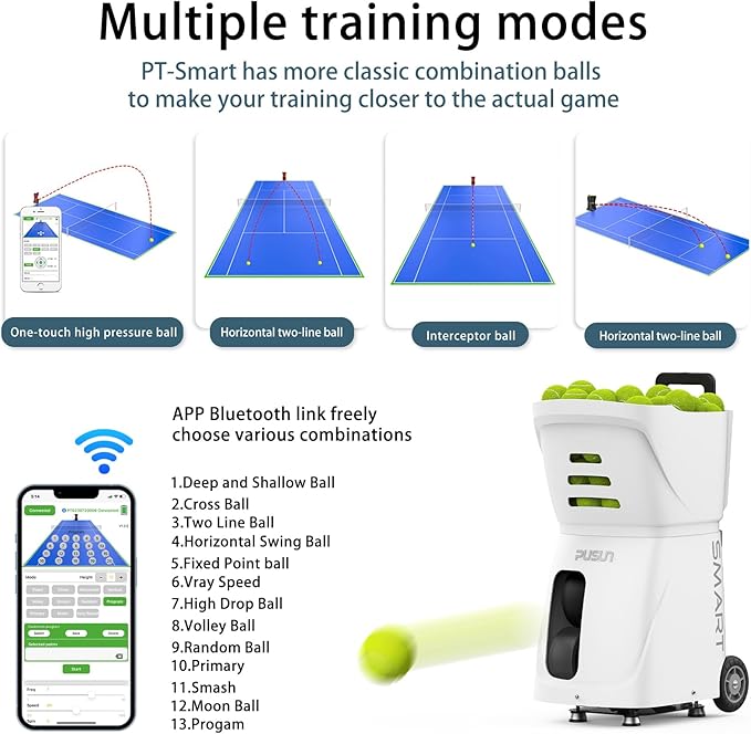 PT-SMART Tennis Ball Machine - Smart App for Apple Watch & Phone Control, Tennis Ball Launcher with 20 Landing Points, 12 Training Modes & 4-6h Battery Life, Tennis Serving Machine