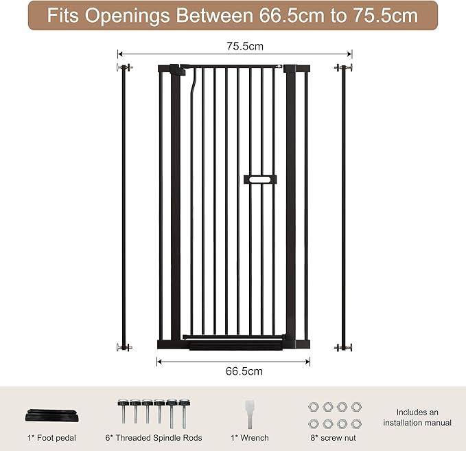 55.1" Extra Tall Cat Gate for Stairs, 26.1-29.7" Wide（66.5-75.5cm） Auto Close Cat Gate Indoor for Doorway/Hallways/Kitchen, No Drilling High Pressure Mounted, 1.37" Narrow Bar Spacing, Black