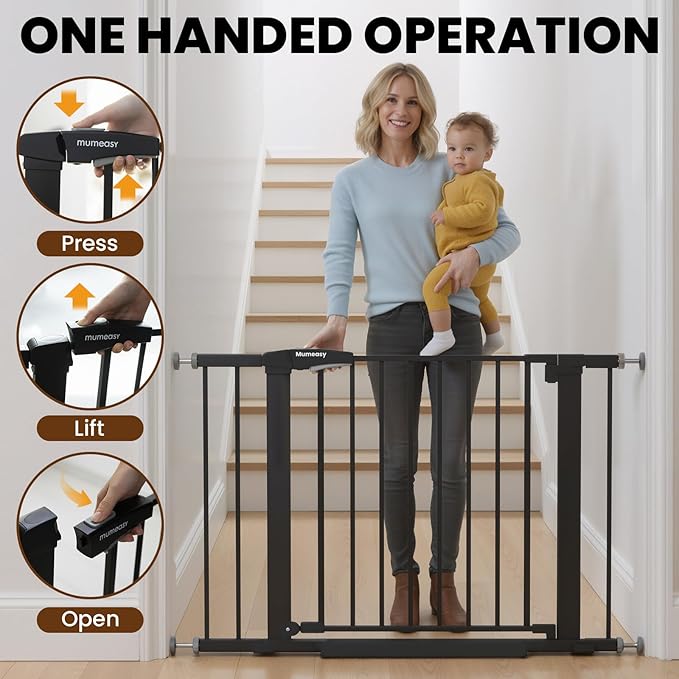 Baby Gate for Stairs, 29.7-40.6" Auto Close Dog Gate Indoor for Doorways, Dual-Lock Design, Adjustable Pet Gate No Drilling with Walk Thru Door for Hallways, Stroller Friendly, Black