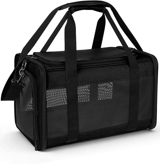 Hipubby Cat Carrier Dog Carrier for Pets Up to 16 Lbs, Soft-Sided Pet Travel Carrier for Cats and Small Dogs, Airline Approved Pet Carrying Case with Shoulder Strap & Removable Mat - Black