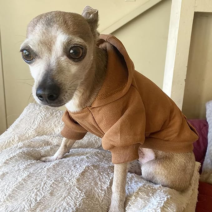 Jecikelon Soft Dog Hoodies for Small Dogs, Fleece Puppy Sweatshirt with Pockets, Warm Winter Cold Weather Coats for Pet Cat, Cute Clothes Puppy Costume (Coffee, Small)