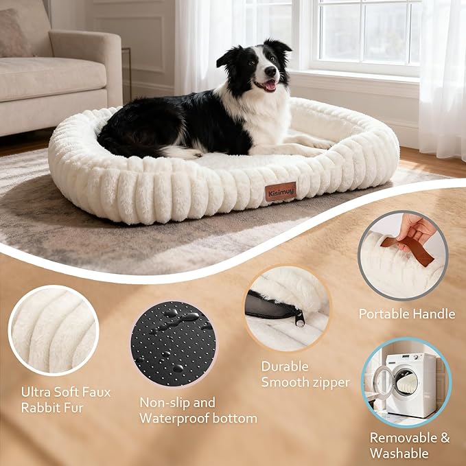 Orthopedic Dog Bed for Extra Large Dogs, Comfort-Sided Calming Pet Bed Couch with Breathable Memory Foam, Plush Faux Rabbit Fur & Anti-Slip Bottom, Machine Washable, 43"x31"x5.5", Cream