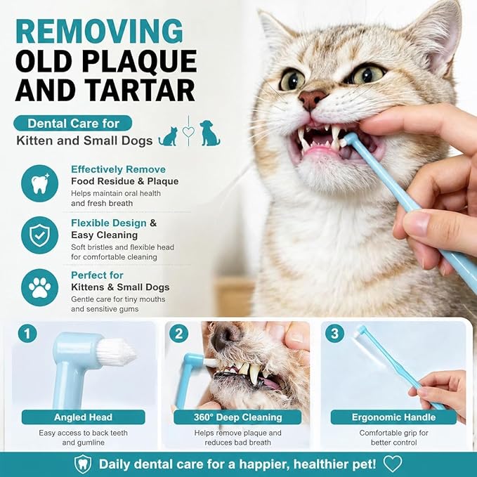 Dog Toothbrush, 360 Degree Finger Toothbrush, Triple Head Toothbrushes,Cleaning Brushes for Dog Cat Oral Dental Health (12 Kit)