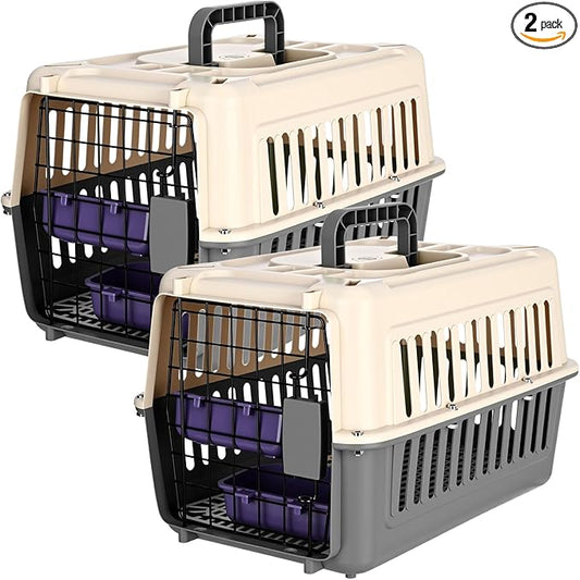 2 Set Hard Plastic Pet Carrier Breathable Dog Cat Kennel with Metal Door Bowl Grille Mat Pet up to 14 Lbs Carrier for Walking Camping Vet Visits Travel, 17.3"L x 11.8"W x 10.6"H(Gray White)