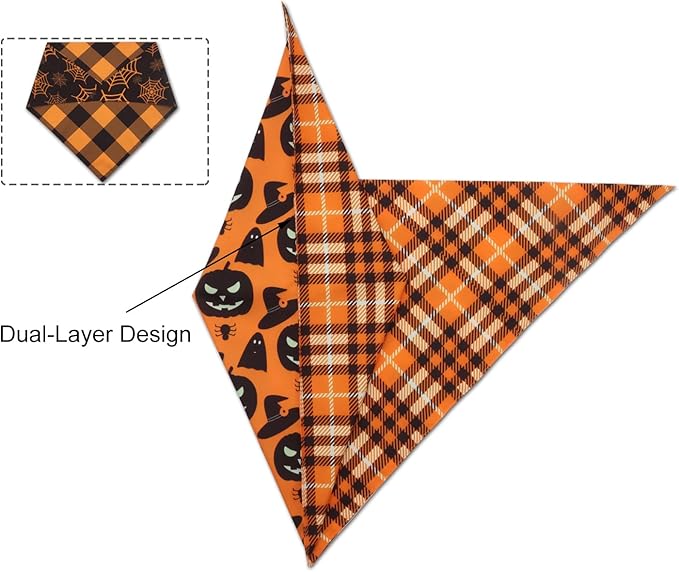 Fall Dog Bandanas 2PCS-XLarge,Halloween Dog Bandana,One Side Orange Plaid,The Other Side Pumpkin or Spider Web Bibs,Holiday Pet Scarf for Boy and Girl Dogs,Thanksgiving Pet Outfit for Extra Large Dogs
