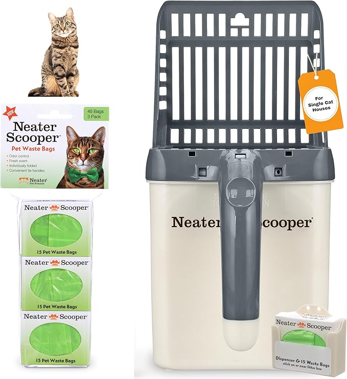 Neater Pet Brands Neater Scooper Standard Litter Scoop, 60 Refill Bags – Mess-Free Cat Litter Scooper with Bag, Spill-Proof Kitty Box Sifter, Bin Doubles as Scoop Holder, For Single-Cat Households