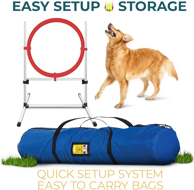 Dog Agility Training Equipment - 4 Piece Obstacle Course Includes Dog Jump, Tire Jump, Pause Box and Weave Poles with Carrying Case, Indoor or Outdoor Use
