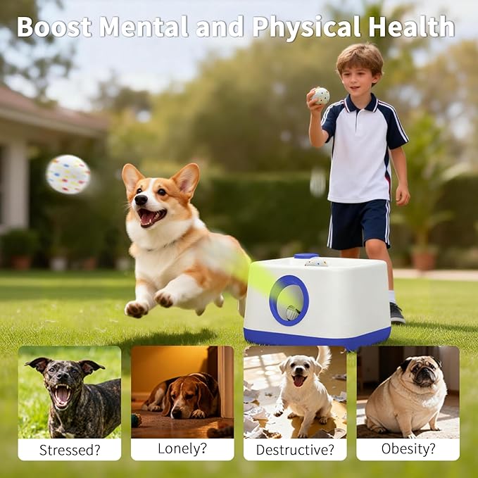 MEKAPLE Automatic Dog Ball Launcher with Barking Function, Auto+Manual Mode Interactive Dog Fetch Toy with 4 Adjustable Distances, Dog Balls Thrower for Small & Medium Dogs, with 4 Durable ETPU Balls