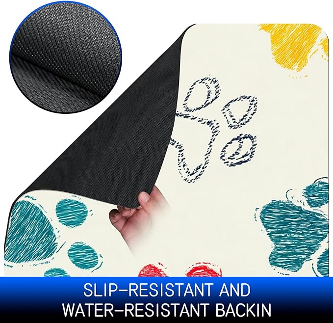 Dog Food Mat, 15.7" x 23.6" Absorbent Pet Feeding Mat for Food and Water, Waterproof Diatom Mud Pet Placemat with Non-Slip Rubber Backing, Cat Bowl Mat for Floors - Dog Paw Print Freen