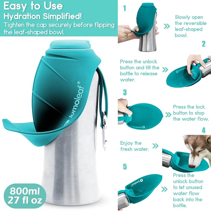 LumoLeaf Portable Dog Water Bottle 27 OZ, Stainless Steel Pet Travel Water Bottle Dispenser for Walking, Hiking and Outdoor, Portable Water Bowl for Large Dogs (Blue)