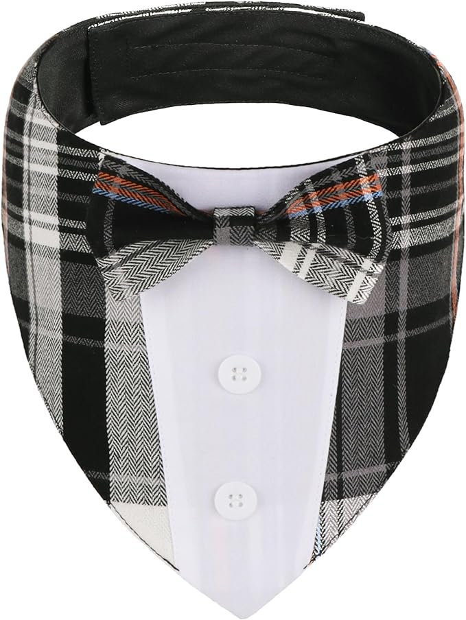 ADOGGYGO Black Dog Tuxedo Bandana, Plaid Bow Tie Collar, Adjustable Black Plaid Wedding Costume for Extra Large Dogs (XL)