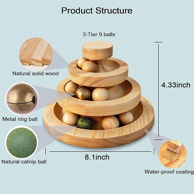 Solid Wood Cat Ball Track,Heavy Duty 3-Tier Interactive Cat Toy Tower with 9 Removable Balls,Bell & Catnip,No Assembly Required,Anti-Tip Sturdy Base for Indoor Cats, Kittens & Large Cats