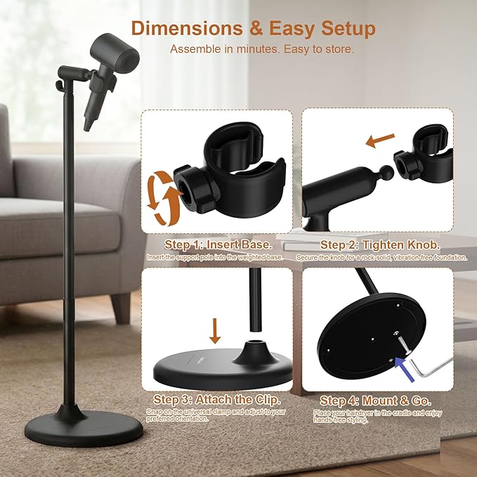 Mistriddle Hands Free Hair Dryer Holder Floor Stand, Adjustable Height (17.2"-51"), Universal Clip with TPU Protection & Organizer Hook, Stable Aluminum Base Blow Dryer Stand Hands Free(Black)