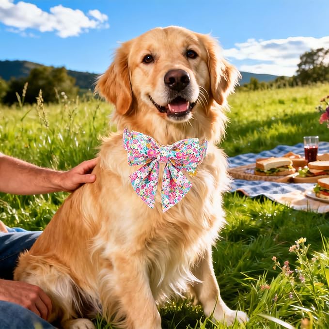 Floral Dog Collar for Girl Dogs, Spring Summer Pink Flower Dog Collar with Bowtie- Adjustable Female Sailor Bow Dog Collar for Medium Dogs M