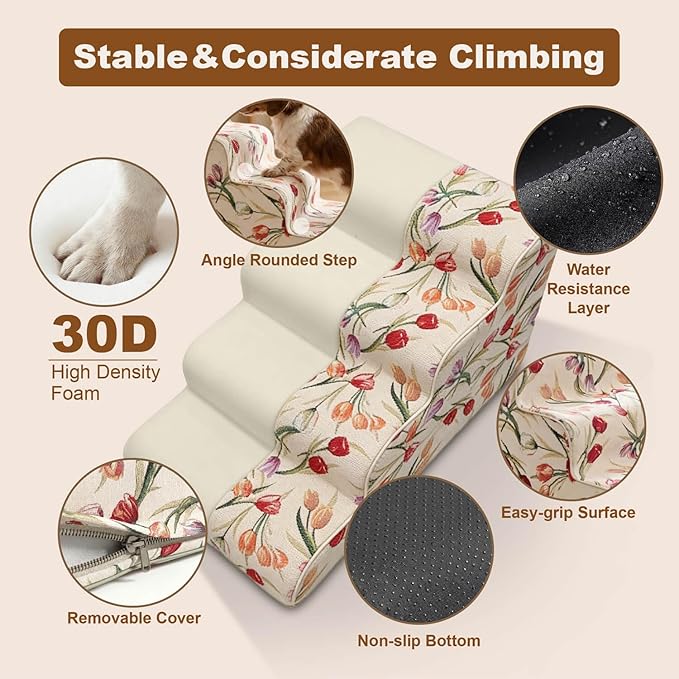 4-Step Dog Stairs for Bed & Couch 18" H, Extra Long Dog Steps for Bed with 30D Foam, Country Style Pet Stairs for Small Dogs and Older Cats, Beige
